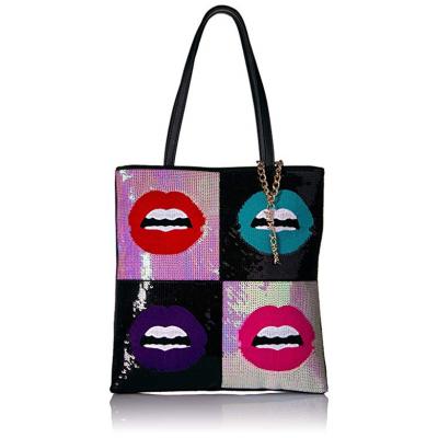 China Lightweight Cheap Fashionable Beach Bag Personalized Sequin Tote Custom Printed Colorful Lips for sale