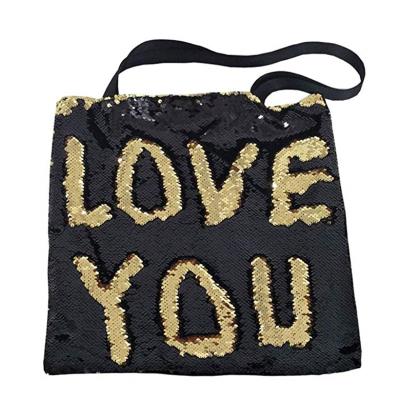 China New China Waterproof Portable Black LOVE YOU Reversible Pattern Sequin School Drawstring Backpack for sale