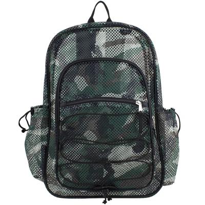 China Mesh Promotion Camouflage Print Air Mesh Pocket School Travel Backpack Material Gym Bag for sale