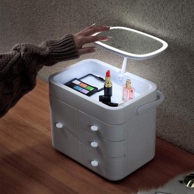 China Fashion Makeup Case with LED Light Mirror, Travel Cosmetic Organizer with Dimmable Touch Screen Makeup Mirror for sale