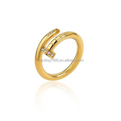 China CLASSIC High Quality Luxury Fashion Designer Brand Stainless Steel Jewelry Inlaid Zircons Diamonds 18K Golden Plated Classic Nail Rings for sale