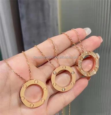 China Fashion Jewelry Luxury High Quality CLASSIC Crystal Inlaid 18k Gold Plated Toroidal Shape Engraved Bar Blank Disc Coin Pendant Necklace for sale