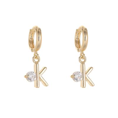 China New 14K Gold Plated Brass Trendy Trendy Letter K Dangle Cubic Zircon Circle Earrings for sale