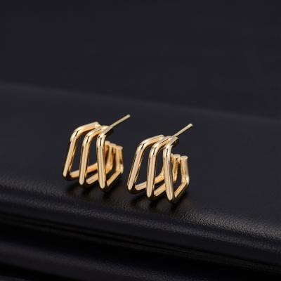 China Cavity Modern Trendy Trendy Brass Earrings 14K Gold Plated Smooth Geometric Triple Square Hoop Earrings For Women Jewelry for sale