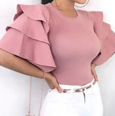 China Summer Fashion Women's Tops Anti-Wrinkle Clothing Crew Neck Pink Casual Short Women's T-shirt Ladies Solid Ruched Sleeve T-Shirts for sale