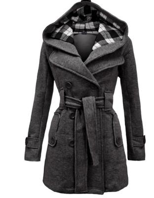 China Autumn Winter Woolen Long Sleeve Long Coat Women Plaid Hooded Cross Jacket Fashion Slim Overcoat E8753 for sale