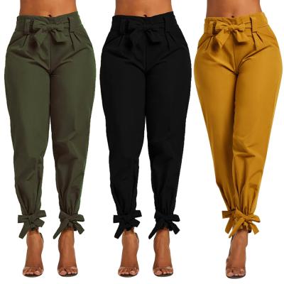 China Elastic High Waist Harem Pants Women Anti-wrinkle Spring Female Lady Black Trousers Belt E5002 Office Pants Fashion Ninth Summer for sale