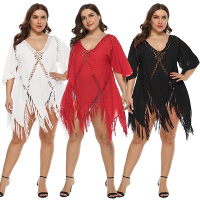 China Plus Size Crochet Breathable Irregular Deep V Neck Tassel Summer Beach Hollow Out Dress Cover Up Fitness Swimwear for sale