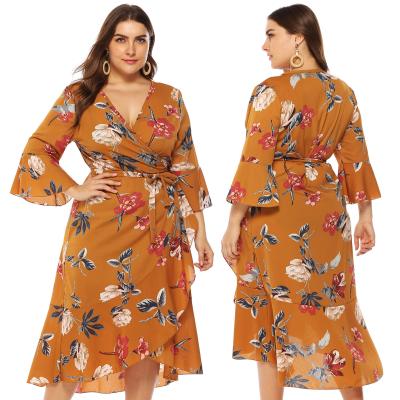 China Anti-Static Woman Summer Plus Size Floral Printing Deep V Blazer Dress Casual Club For Fat Women for sale