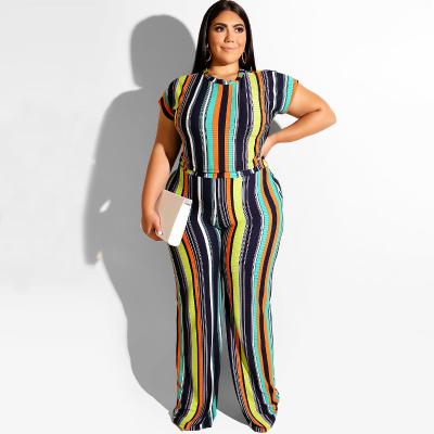 China Wholesale Breathable Dropshipping 1 Pieces Set Stripe Top And Long Pants Set Summer Plus Size Women Casual Fashionable Clothing Suit for sale