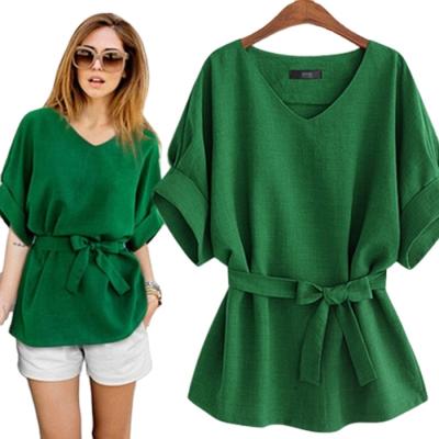 China Dropshipping Breathable Plus Size Women Clothing V-Neck Short Sleeve Cotton Canvas Tops Fashionable Japanese Blouse for sale