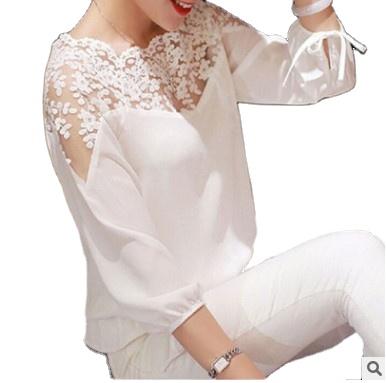 China New White Color Women Anti Shrink Top Lady Blouse Long Sleeve Hollow Lace Up Casual Chiffon Blouse Tops for sale