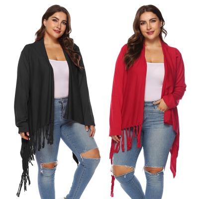 China Suntoday Breathable Dropshipping Plus Size Women Clothing Autumn Tassel One Button Multi Wear Midum Cardigan Coat for sale