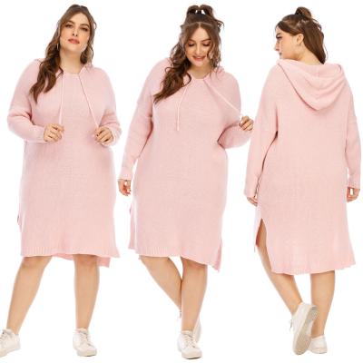 China Dropshipping Suntoday Women's Latest Autumn Pink Long Sleeve Hoodie Breathable Oversized Chunky Sweater Midi Split Dress for sale