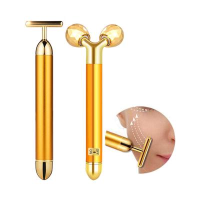 China Electric Blood Vessel Removal 3D Roller and T Shape Facial Beauty Bar 24k Gold Pulse Face Massager 2-IN-1 for sale