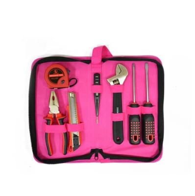 China 2022 New Style Convenient Storage Portable 8 Piece Combination Tool Hardware Tool Kit With Pink Canvas Bag for sale