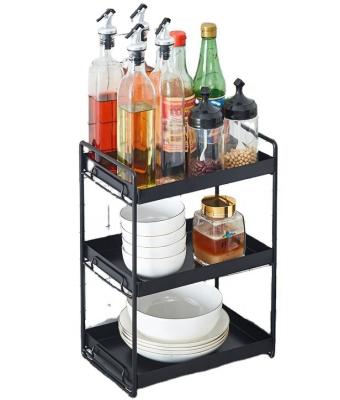 China Modern Kitchen Bathroom Cabinet Under Sink Organizer and Storage Rack with Hooks Hollow Out 3Tier Portable Makeup Rack for sale