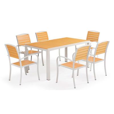 China Eco-friendly 7pc Sets Modern Plastic White Luxury Aluminum Outdoor Dining Table Chairs Set for sale