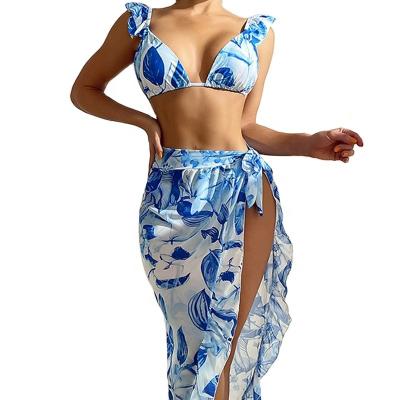 China High Fashion Breathable Swimwear 3 Piece Sexy Triangle Swimwear Cover Up High Leg String Ruffle Swimwear and Beachwear for sale