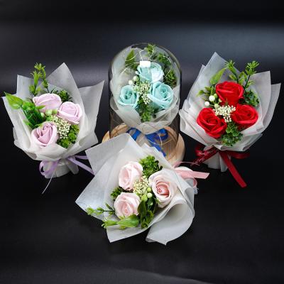 China Wedding Party Shop Hotel Everong Rose Soap Bouquet Christmas Valentine's Day Gift Flower Glass Cover LED Light Eternal Gift Box for sale