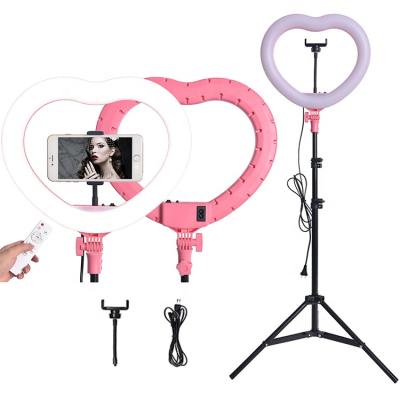 China Heart-Shaped Makeup LED Ring Light With Tripod Stand With Selfie Holder Dimmable LED Ring Light Heart-Shaped Tripod Flash Lamp Phone Holder for sale