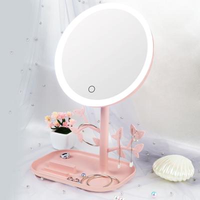 China New Arrival Round Lighted Plastic Vanity Desk Lights Mirror Portable Table Led Makeup Cosmetic Mirror With Light for sale