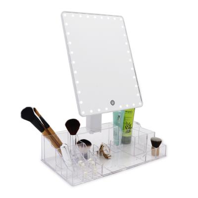 China Newest LED Lighted Makeup Mirror Lighted Vanity Mirror with Acrylic Makeup Tool Organizer for sale