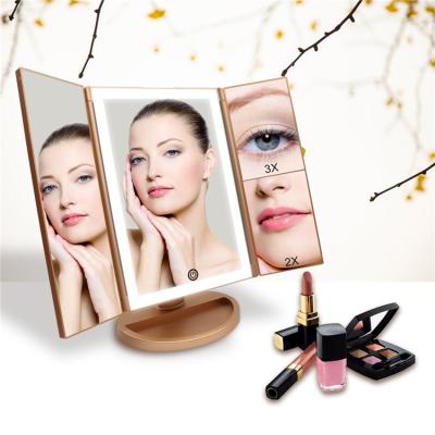 China Lighted rechargeable triple vanity mirror with cosmetics storage for sale