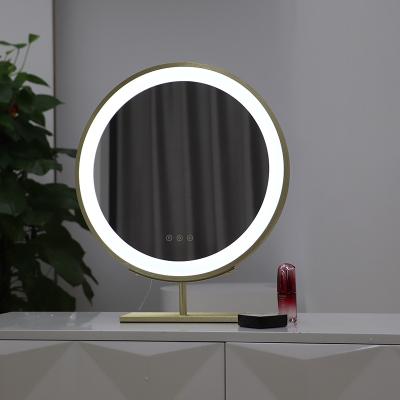 China Desk Table Gold Lighted Frame Customized Multi Function Led Round Glass Make Up Mirror for sale