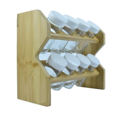 China Eco-Friendly Sustainable Kitchen Natural Bamboo Spice Rack With 8 Glass Bolts for sale