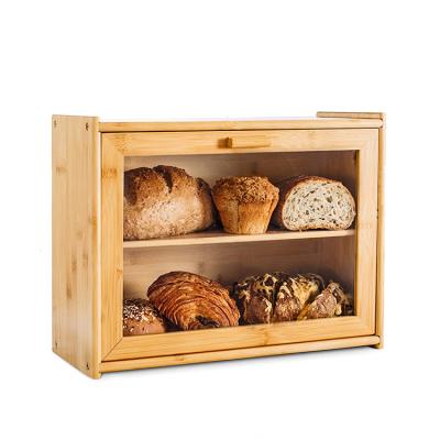 China Wooden Bread Boxes Food Grade 2 Tier Large Kitchen Bamboo Wooden Bread Boxes With Acrylic Glass Window for sale