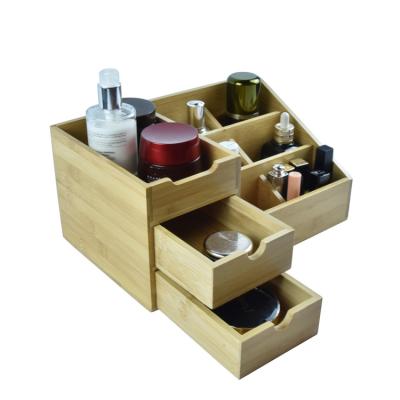 China Mini Desk Makeup Organizer Bamboo Sustainable Desktop Wood Cosmetic Storage Box With Drawers for sale