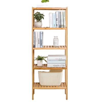 China Sustainable Multifunctional Wooden Organizer Bamboo Bathroom 5-Tier Bath Storage Rack Towel Shelf Shampoo Rack for sale