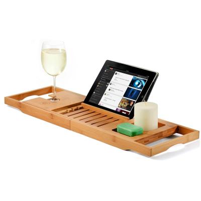 China Hot Selling Sustainable Bamboo Bathroom Tub Tub Cart Tray Organizer with Expanding Sides and Wine Glass Holder for sale