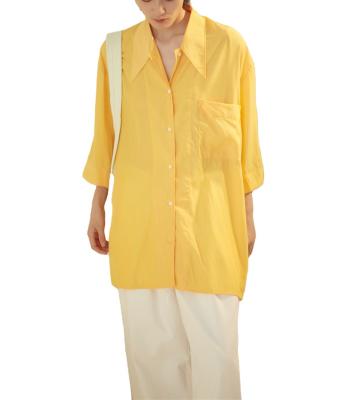 China Low price 100% good quality anti-shrink polyester fiber printed yellow chiffon ladies shirt for sale