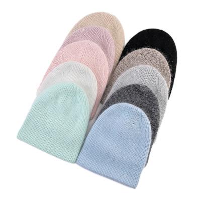 China 2021 Wholesale High Quality Custom Made 100% Acrylic Warm Colorful Angora Rabbit Fur Knitted Beanie Hat for sale