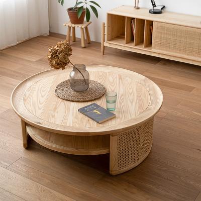 China Newest Design Natural Rattan Bed Side Tables Durable Round Solid Wood Coffee Table With Storage For Living Room for sale