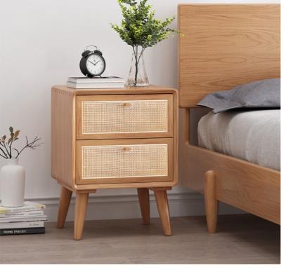 China Modern rattan durable wood saving space beside storage table solid wood nightstand with two drawers for living room for sale