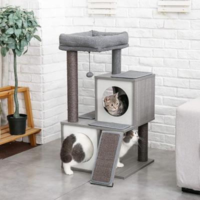 China 34 Inch Luxury Lightweight Windproof Cat Tree Houses Spacious Gray Indoor Wooden Pet House For Living Room for sale