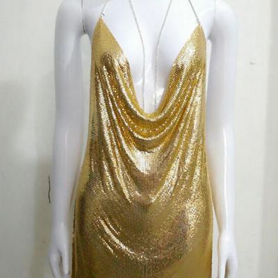 China Anti-Wrinkle Garment Sequin Gold Foil Gold Metallic Metal Chain Mesh Fabric For Bling Dress for sale