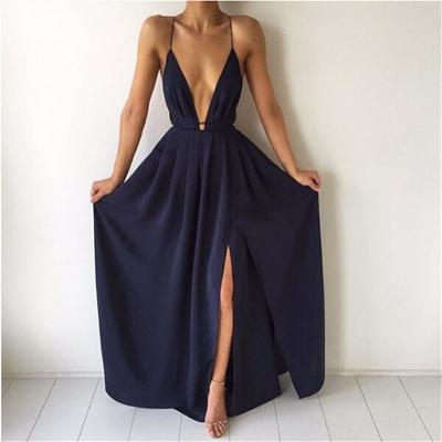 China V-neck strap solid color anti-static evening dress European and American women's new dress long equalizing dress for sale