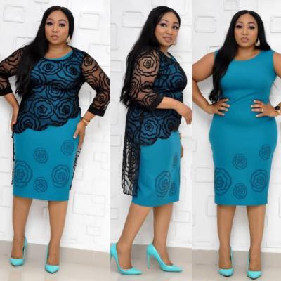 China Hot Sale Anti-Static African Women Dress 2pcs Set Slim Embroidery Lace Plus Size Office Lady Dress for sale