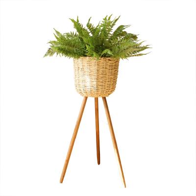 China Living Room Floor Flower Stand Flower Pot Holder Straw Floor Decoration Living Room Balcony Wooden High Low Flower Basket for sale