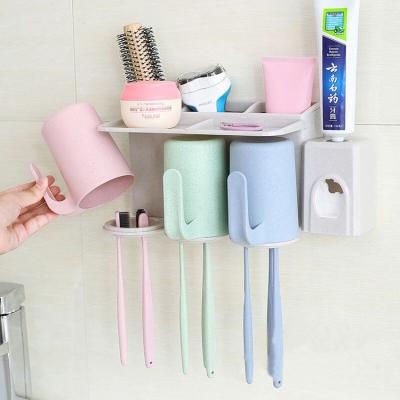 China Wheat Straw Teeth Bathroom Accessories Kit Sustainable Eco-Friendly Set Include Toothpaste Dispenser and 3 Cups Toothbrush Holders for sale