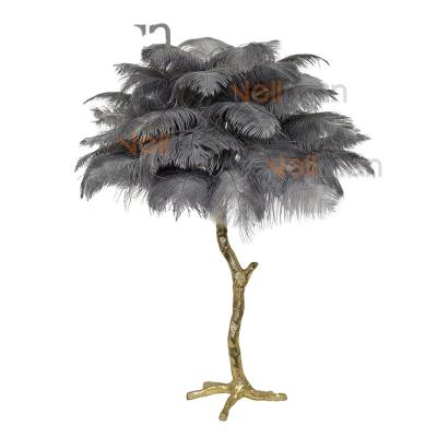 China Postmodern Decoration Gold Light Natural Ostrich Feathered Palm Table Copper Bronze Lamp for sale