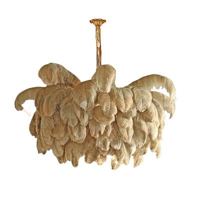 China Hotel Lighting Large Plume Natural Ostrich Dyed Various Insta Warm Colors Feather Hanging Copper Pendant Light for sale