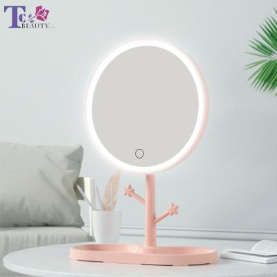 China LED Makeup Mirror Lamp Light Storage Rotating Mirror Ladies Desktop Round Lighted Shape Cosmetic Mirrors Christmas Gift for sale