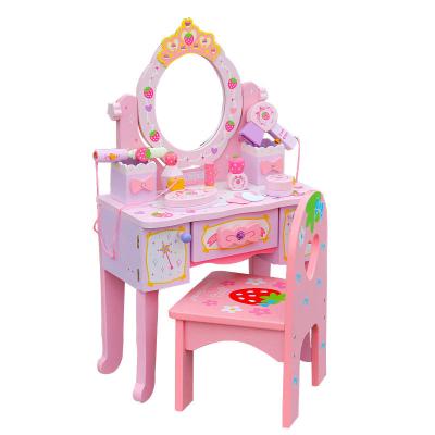 China Wood Pretend Play Toy Education Kids Girl Makeup Gift Set Toy Wooden Pink Baby Dressing Table Toy Set for sale