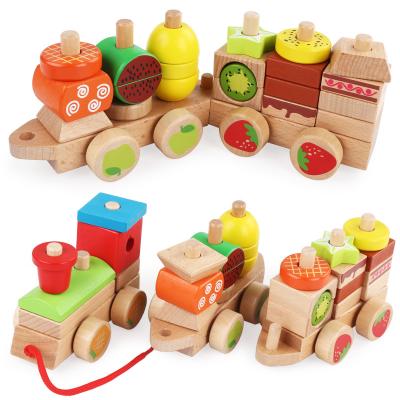 China Toy Children Early Educational Wooden Blocks Trailer Fruit Train Set Clog Toy for sale