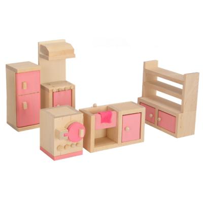 China Creativity Mini Gift Wooden Small Pretend Wooden Furniture Play Set Pink Doll's Room for sale